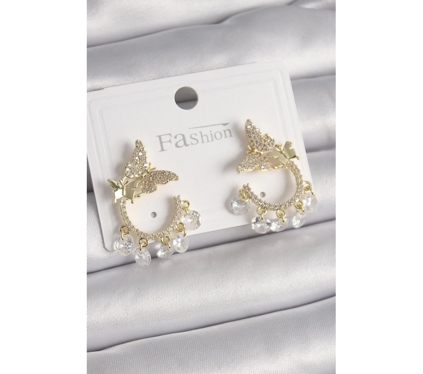 Pirinç Gold Renk Zirkon Taşlı Sallantı Detay Kelebek Model Kadın Küpe