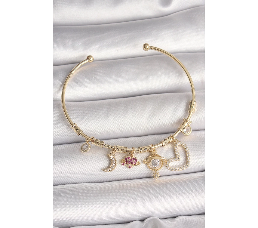 Pirinç Gold Renk Zirkon Taşlı Sallantı Gezegen Model Yıldız Detay Charm Kadın Bileklik
