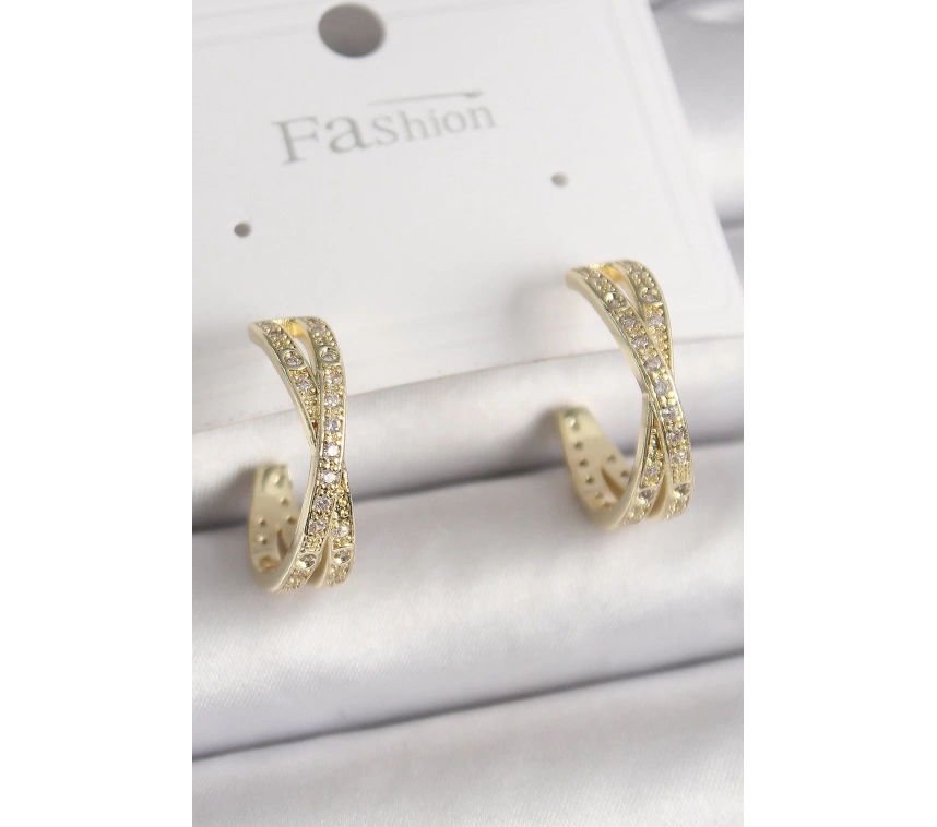 Pirinç Gold Renk Zirkon Taşlı Sarmal Halka Model Kadın Küpe