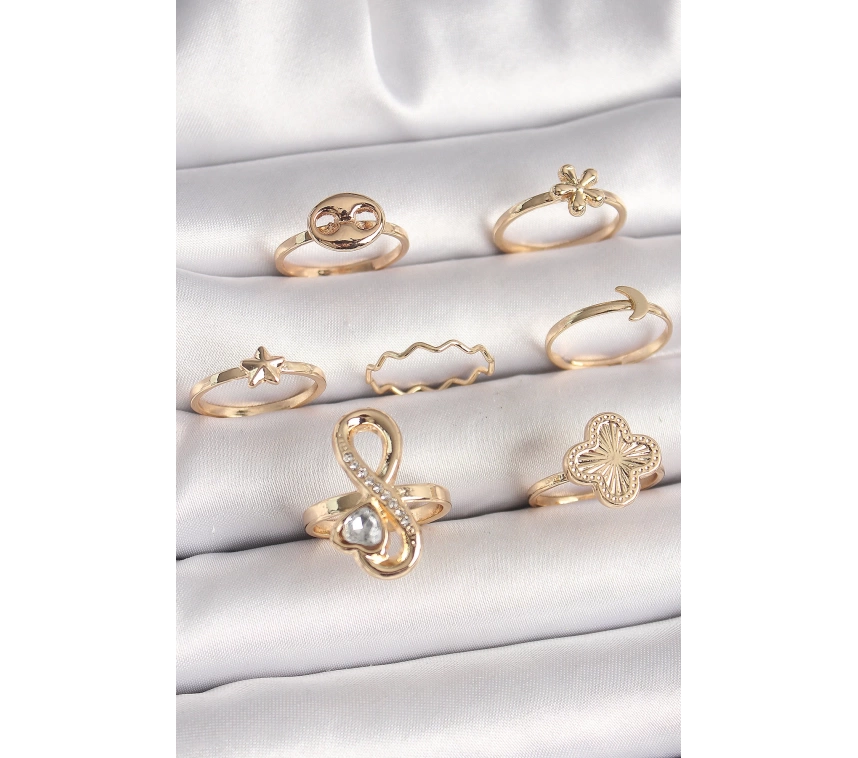 Pirinç Gold Renk Zirkon Taşlı Sonsuzluk Figür Yıldız Detay Kadın Yüzük Kombini