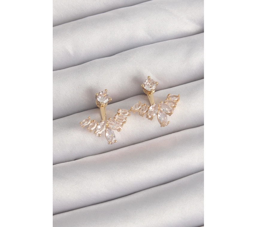 Pirinç Gold Renk Zirkon Taşlı V Model Küpe