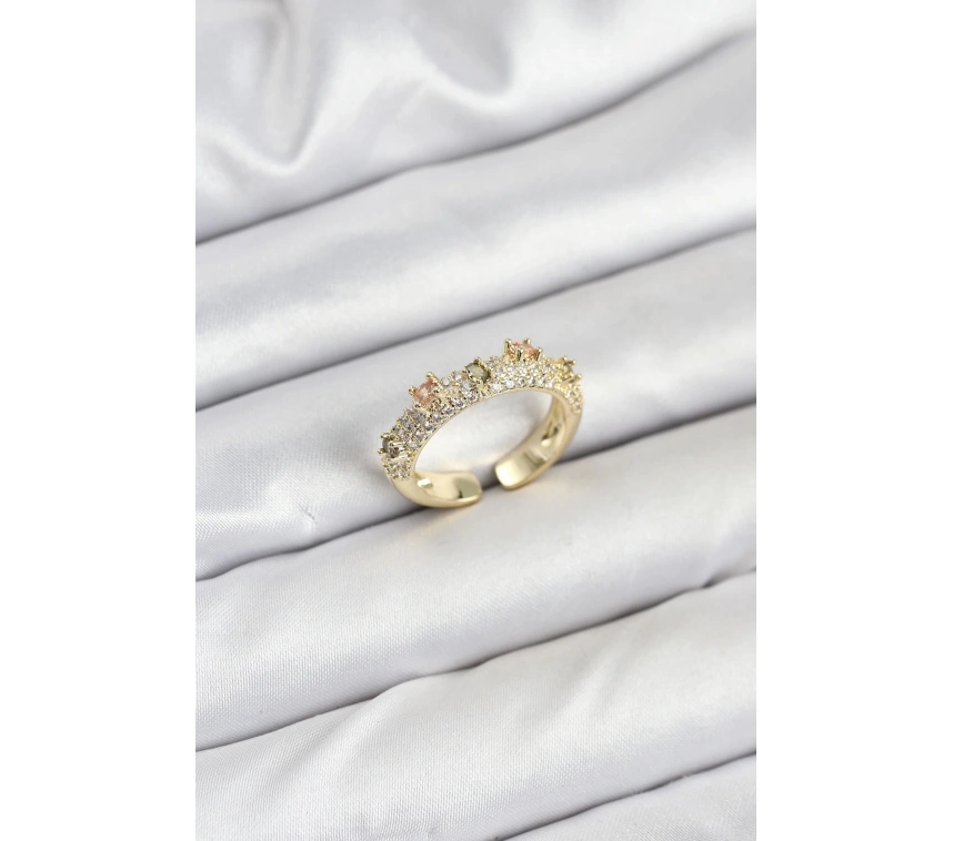 Pirinç Gold Renk Zirkon Taşlı Vintage Kadın Yüzük