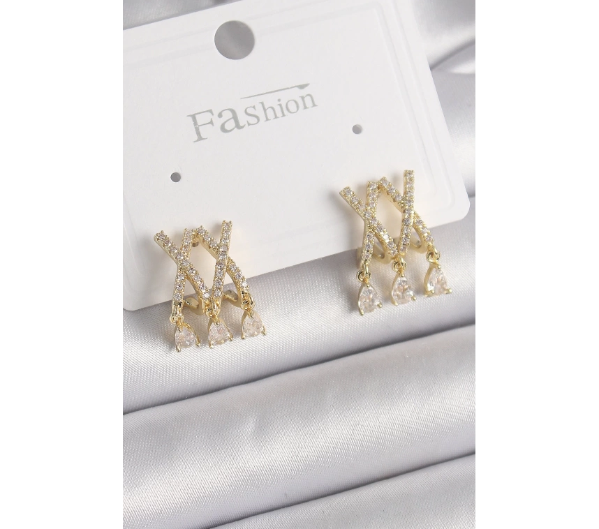 Pirinç Gold Renk Zirkon Taşlı X Model Sallantı Detay Kadın Küpe