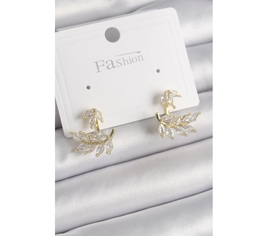 Pirinç Gold Renk Zirkon Taşlı Yaprak Model Kadın Küpe