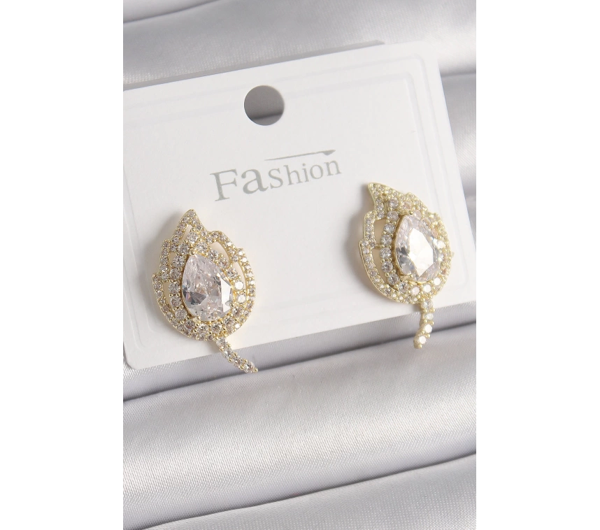 Pirinç Gold Renk Zirkon Taşlı Yaprak Model Kadın Küpe