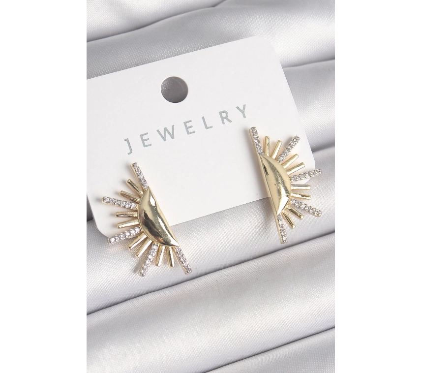 Pirinç Gold Renk Zirkon Taşlı Yarım Güneş Model Kadın Küpe