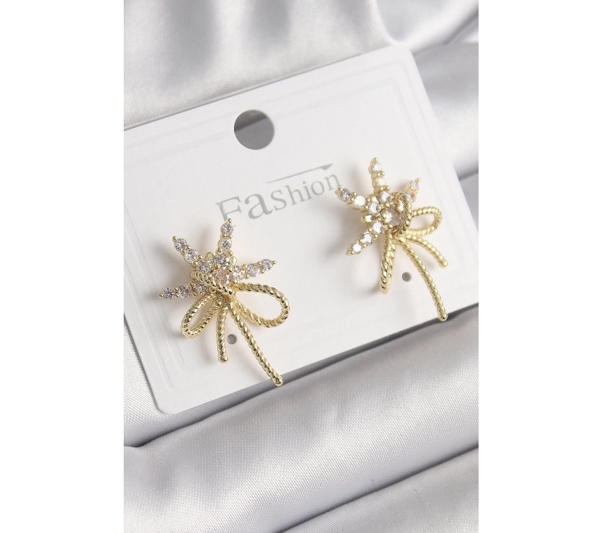 Pirinç Gold Renk Zirkon Taşlı Yıldız Düğüm Model Kadın Küpe
