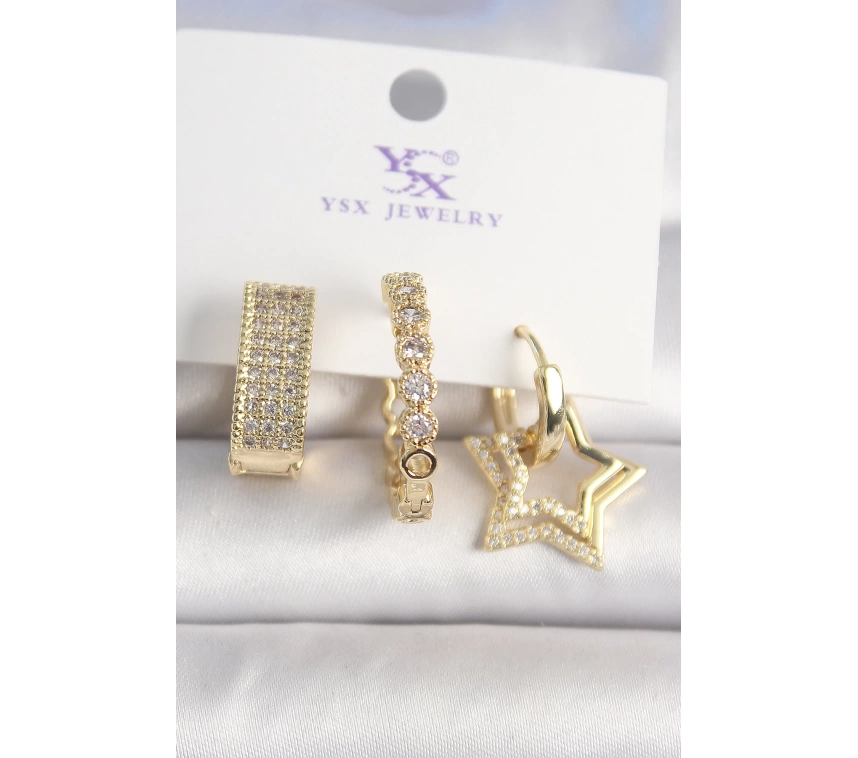 Pirinç Gold Renk Zirkon Taşlı Yıldız Figür Halka Model 3Lü Kadın Kombin Küpe