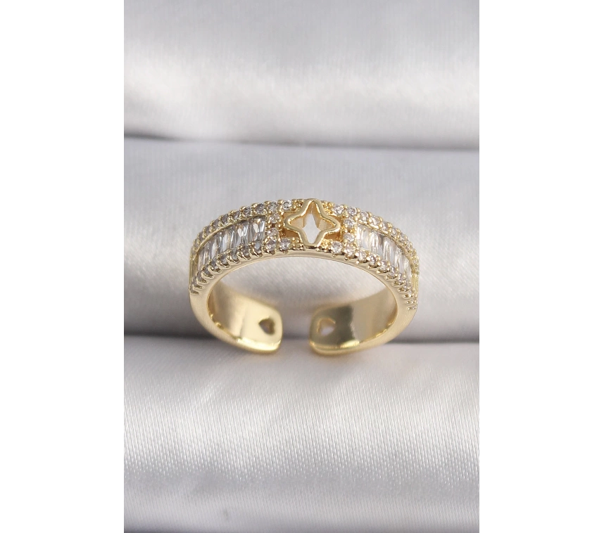 Pirinç Gold Renk Zirkon Taşlı Yıldız İşleme VIP Seri Kadın Yüzük
