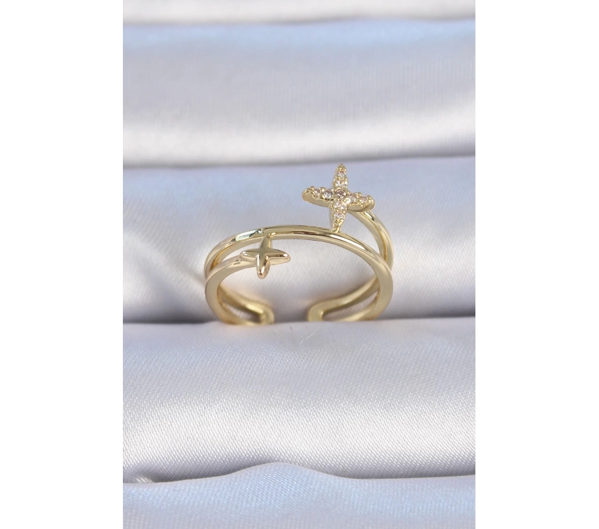 Pirinç Gold Renk Zirkon Taşlı Yıldız Model Kadın Yüzük