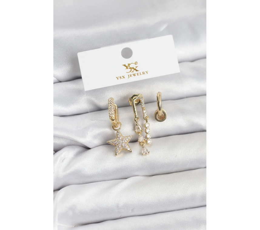 Pirinç Gold Renk Zirkon Taşlı Yıldız Vintage Model YSX Trio Küpe Seti