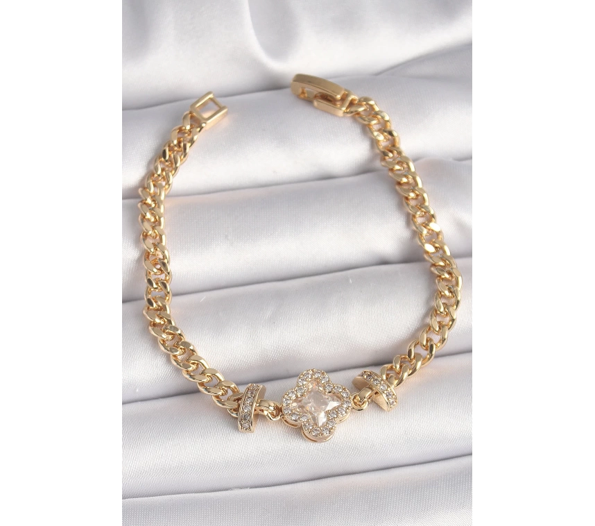 Pirinç Gold Renk Zirkon Taşlı Yonca Figür Zincir Model Kadın Bileklik