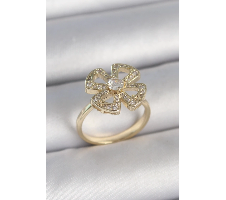 Pirinç Gold Renk Zirkon Taşlı Yonca Model Ayarlanabilir Kadın Yüzük