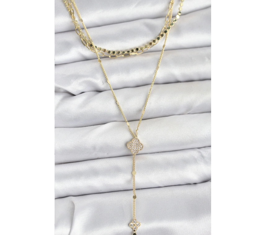 Pirinç Gold Renk Zirkon Taşlı Yoncalı Model Detaylı 3lü Kombin Y Kadın Kolye