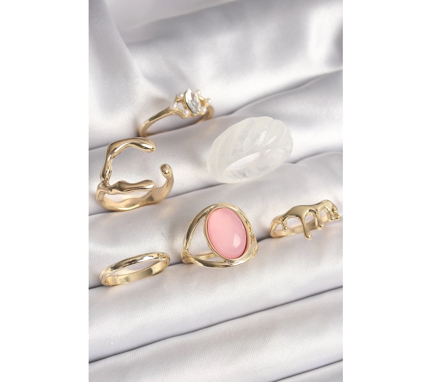 Pirinç Gold Renk Zirkonlı Oval Pembe Mineli 6Lı Kadın Yüzük Seti
