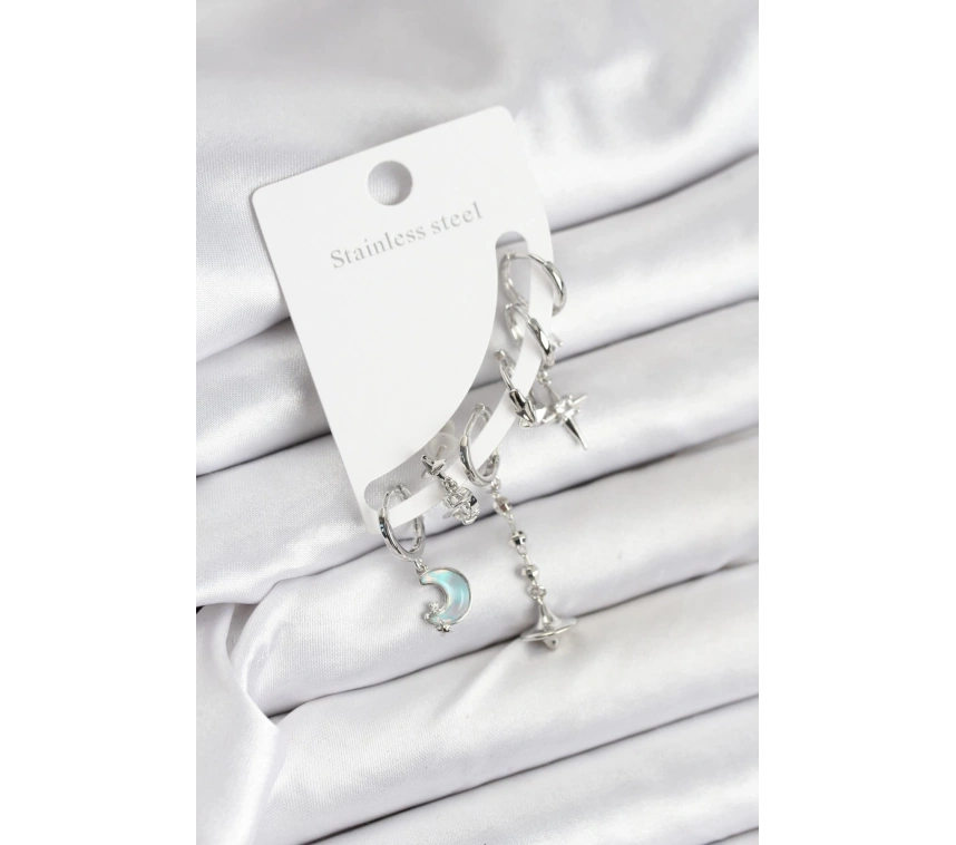 Pirinç Gümüş Renk Ay Model Kadın Set Küpe