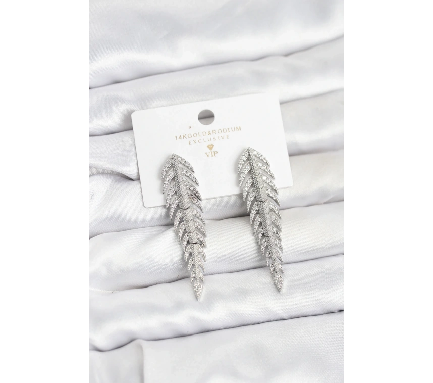 Pirinç Gümüş Renk Balık Sırtı Model Zirkon Taşlı Kadın Küpe