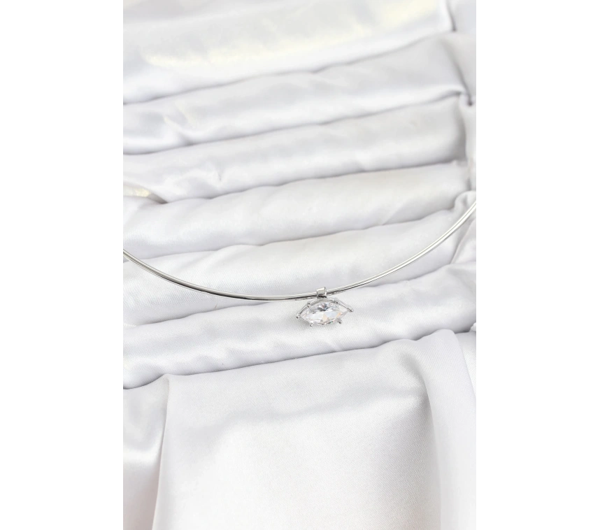 Pirinç Gümüş Renk Choker Model Zirkon Taşlı Kadın Kolye