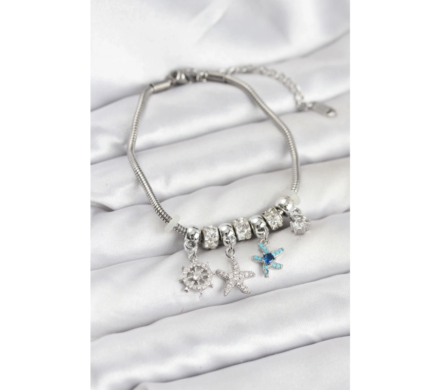 Pirinç Gümüş Renk Deniz Tema Charmlı Kadın Bileklik