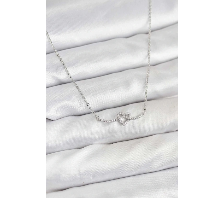 Pirinç Gümüş Renk Düğüm Kalp Model Kadın Kolye