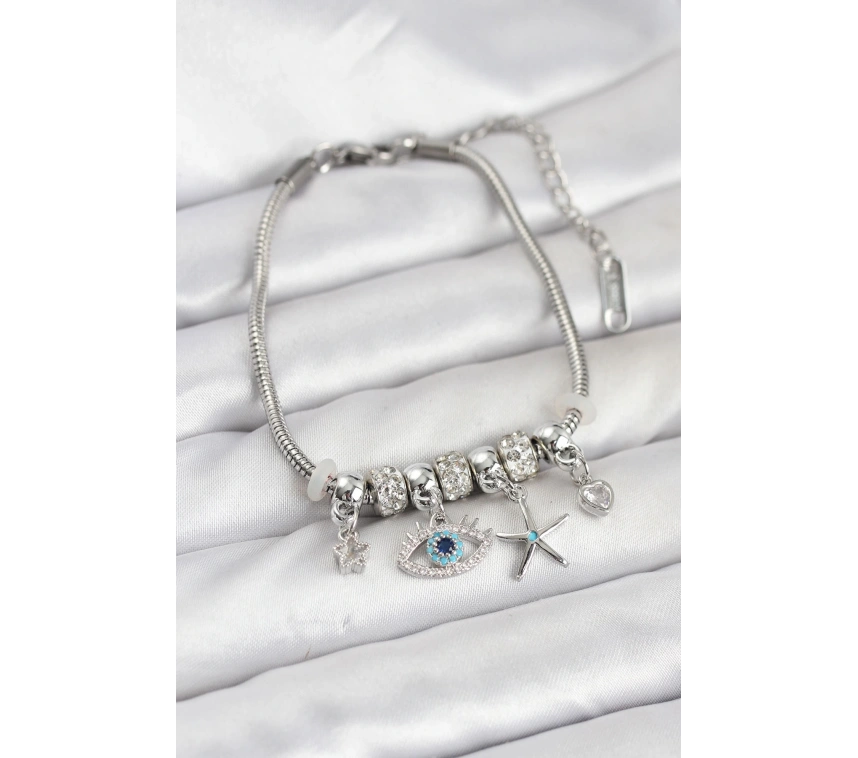 Pirinç Gümüş Renk Göz Model Charmlı Kadın Bileklik