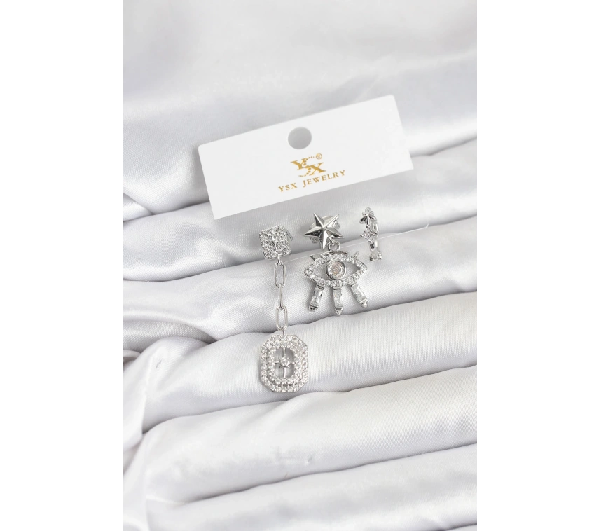 Pirinç Gümüş Renk Göz ve Kutup Yıldızı Model YSX Trio Küpe Seti