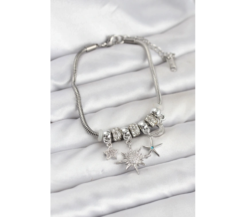 Pirinç Gümüş Renk Güneş Tema Charmlı Kadın Bileklik