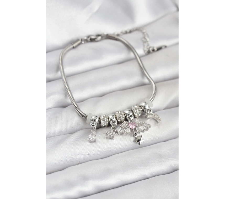 Pirinç Gümüş Renk Kanatlı Charmlı Kadın Bileklik