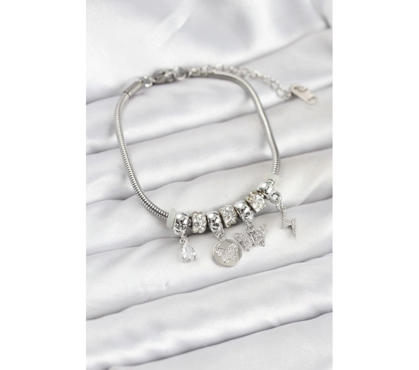 Pirinç Gümüş Renk Kelebek Charmlı Kadın Bileklik