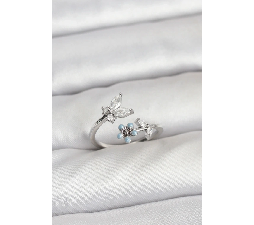 Pirinç Gümüş Renk Kelebek Model Kadın Yüzük