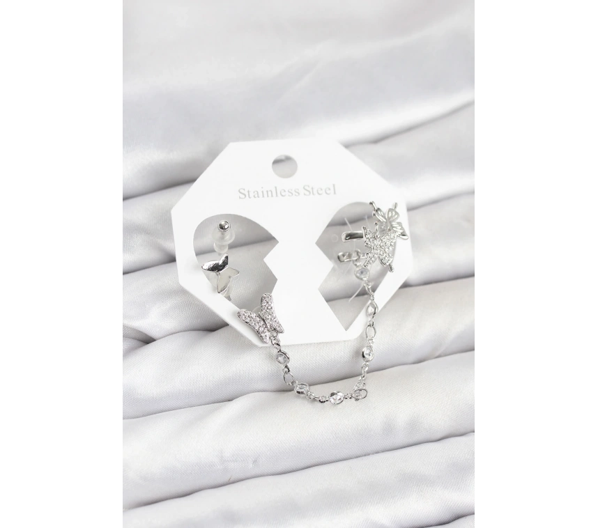 Pirinç Gümüş Renk Kelebek Model Zincir Bağlantılı Ear Cuff Küpe Seti