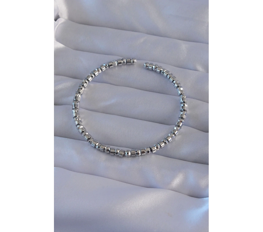 Pirinç Gümüş Renk Oval Detaylı Bileklik