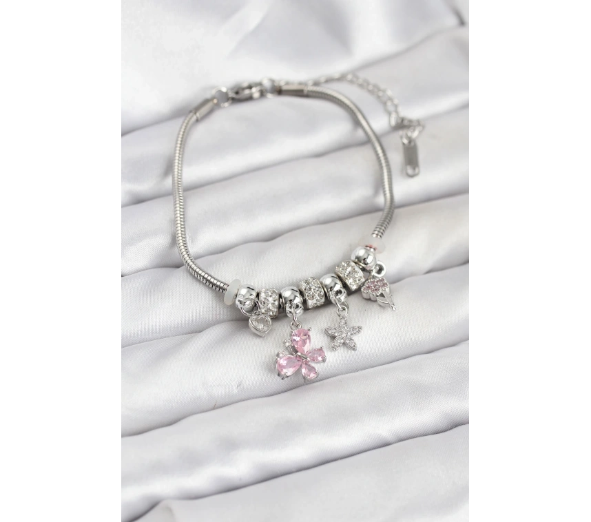 Pirinç Gümüş Renk Pembe Kelebek Charmlı Kadın Bileklik