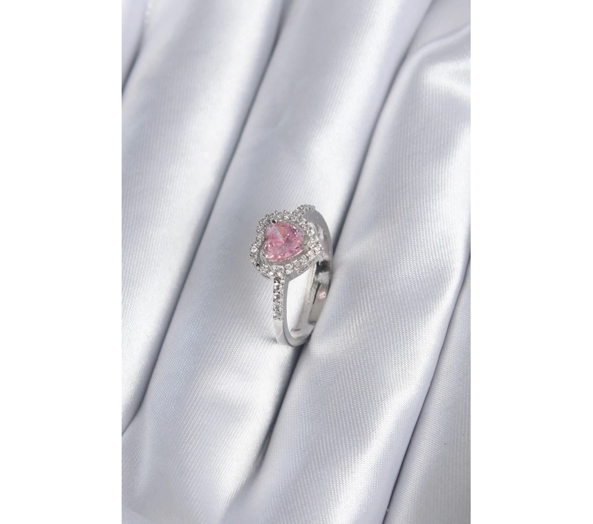 Pirinç Gümüş Renk Pembe Zirkon Taş Kalp Charm Model Kadın Yüzük