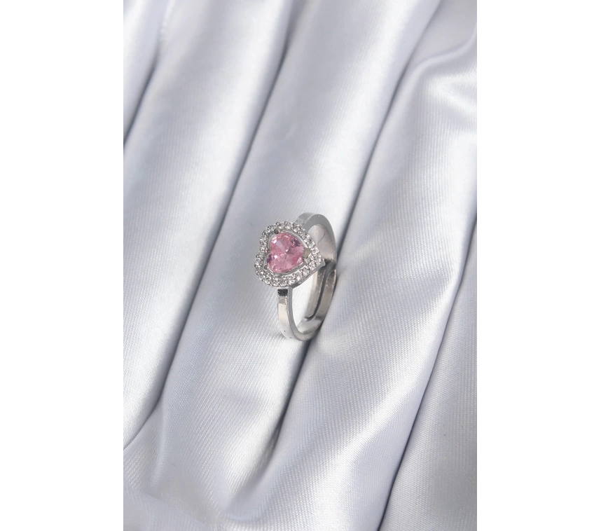Pirinç Gümüş Renk Pembe Zirkon Taşlı Charm Model Kadın Yüzük