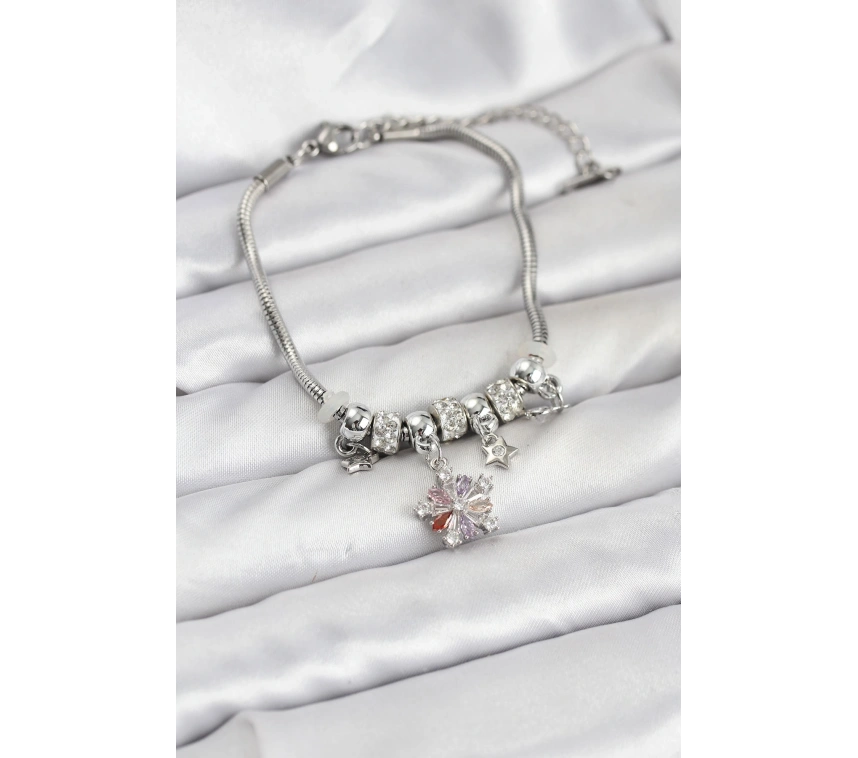 Pirinç Gümüş Renk Renkli Yıldız Charmlı Kadın Bileklik