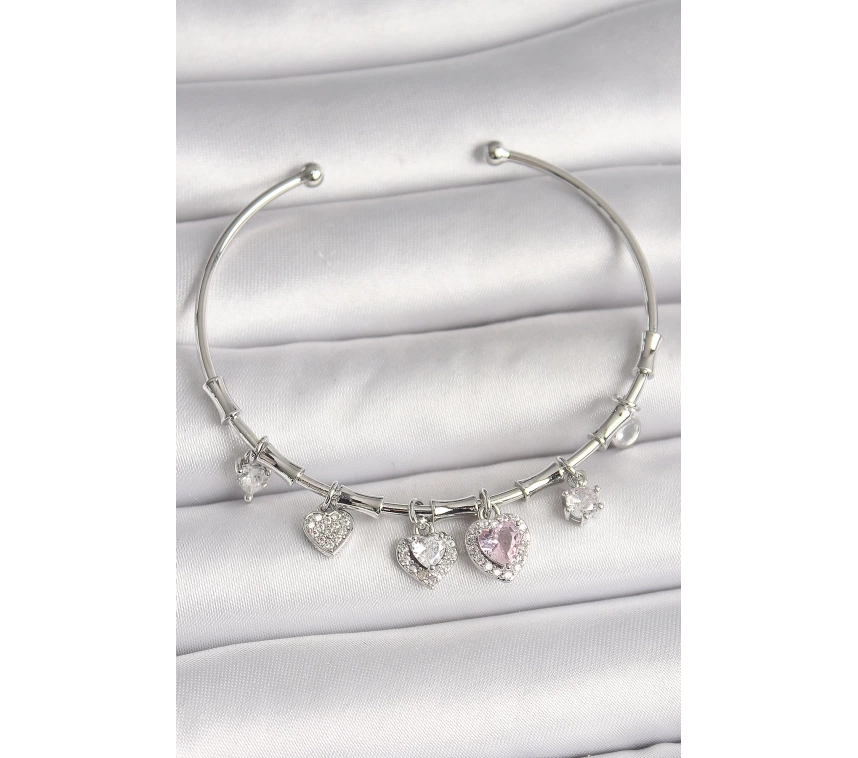Pirinç Gümüş Renk Sallantı Pembe Zirkon Taşlı Kalp Model Charm Kadın Bileklik