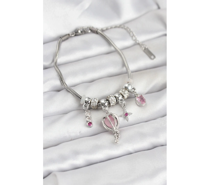 Pirinç Gümüş Renk Uçan Balon Charmlı Kadın Bileklik