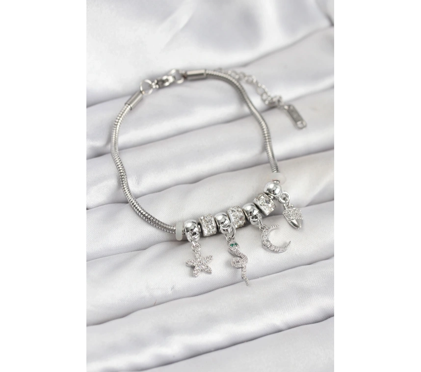 Pirinç Gümüş Renk Yılan Charmlı Kadın Bileklik