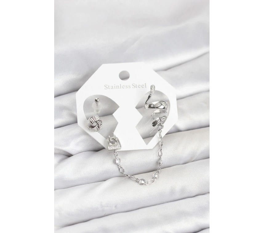 Pirinç Gümüş Renk Yılan Model Zincir Bağlantılı Ear Cuff Küpe Seti