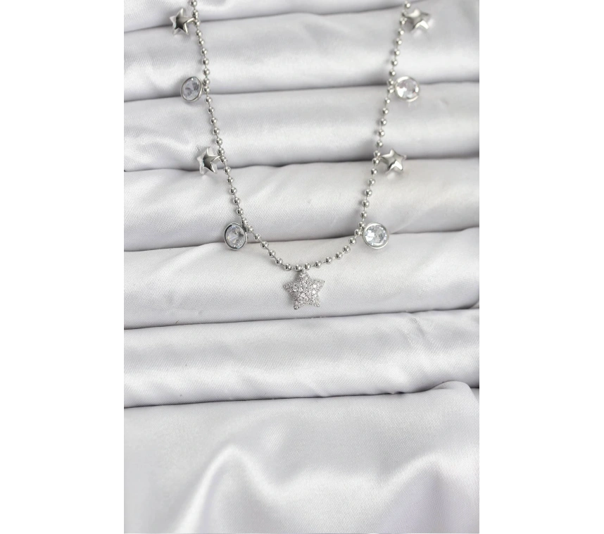 Pirinç Gümüş Renk Yıldız Model Kadın Kolye