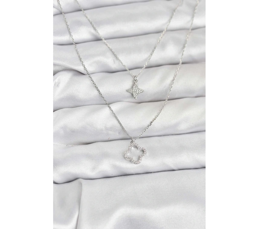 Pirinç Gümüş Renk Yonca Model 2li Kadın Kolye