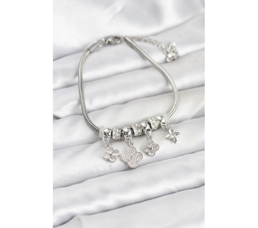 Pirinç Gümüş Renk Yonca Model Kadın Bileklik