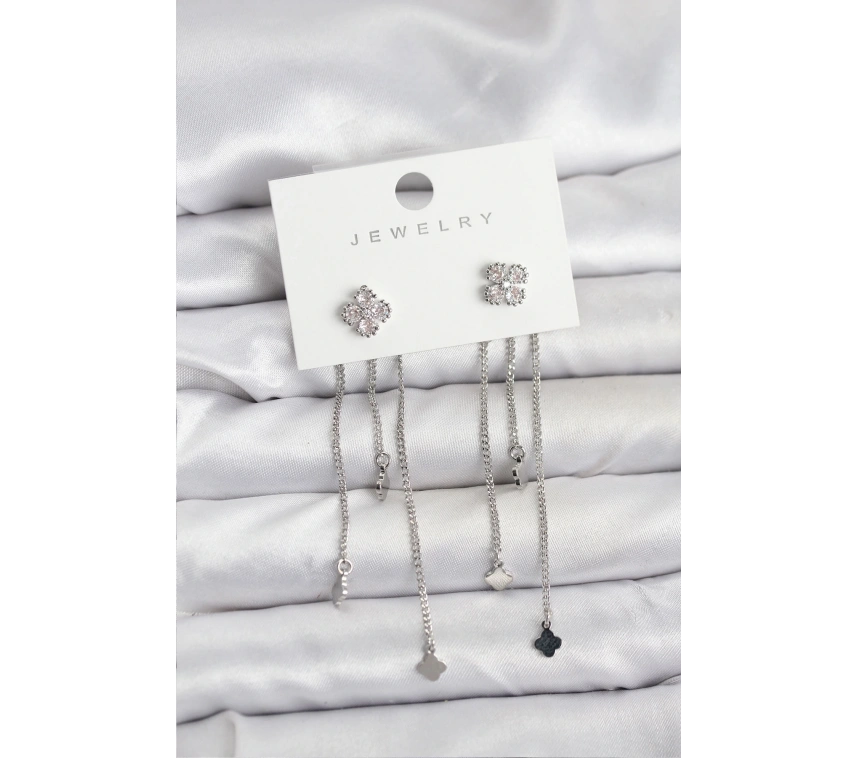 Pirinç Gümüş Renk Yonca Model Sallantılı Kadın Küpe