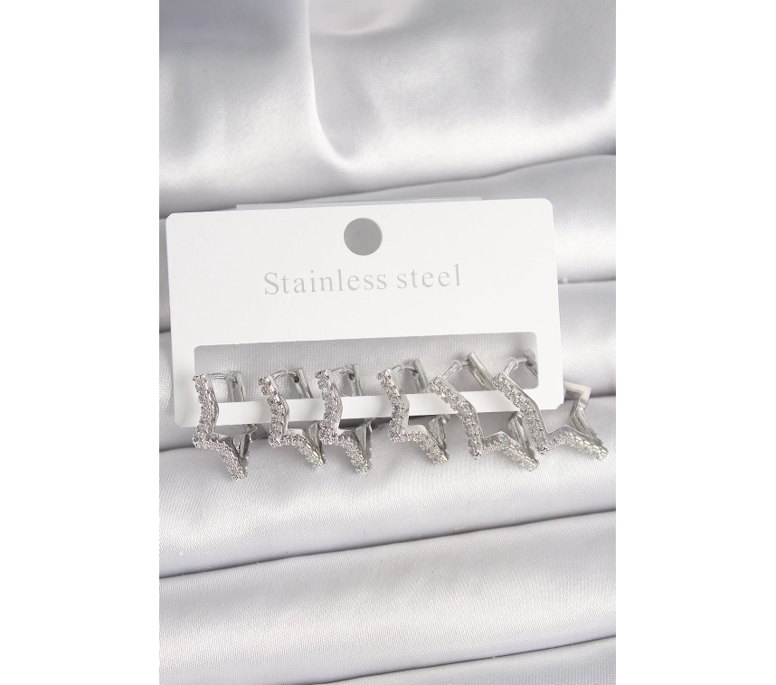 Pirinç Gümüş Renk Zirkon Taşlı 3 Çift Yıldız Model Kadın Küpe