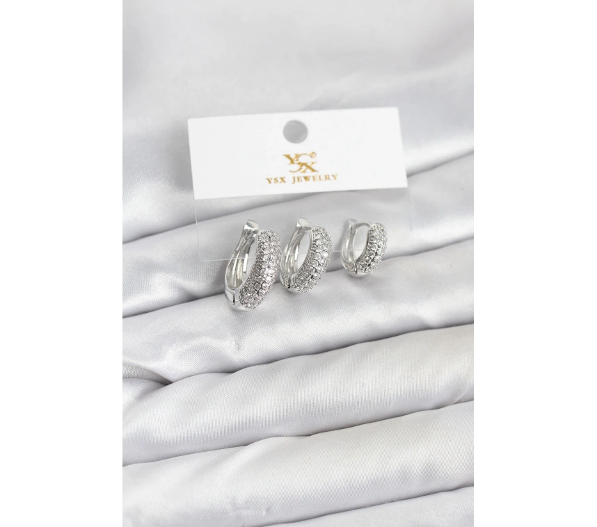 Pirinç Gümüş Renk Zirkon Taşlı Halka Model YSX Trio Küpe Seti