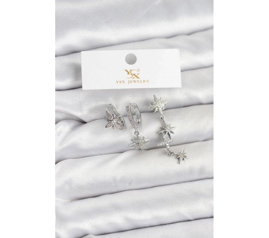 Pirinç Gümüş Renk Zirkon Taşlı Kutup Yıldızı Model YSX Trio Küpe Seti