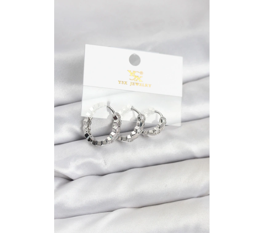 Pirinç Gümüş Renk Zirkon Taşlı Petek Halka Model YSX Trio Küpe Seti