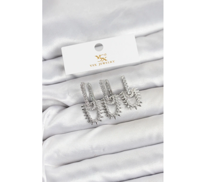 Pirinç Gümüş Renk Zirkon Taşlı Vintage Model YSX Trio Küpe Seti