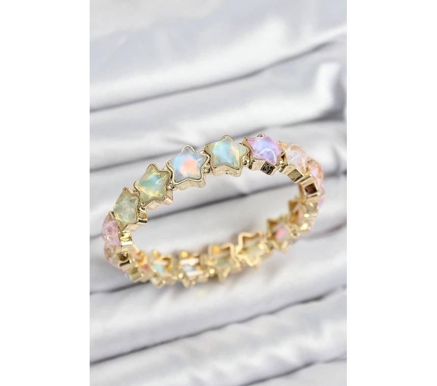 Pirinç Hologram Yıldız Model Gold Renk Lastikli Kadın Bileklik